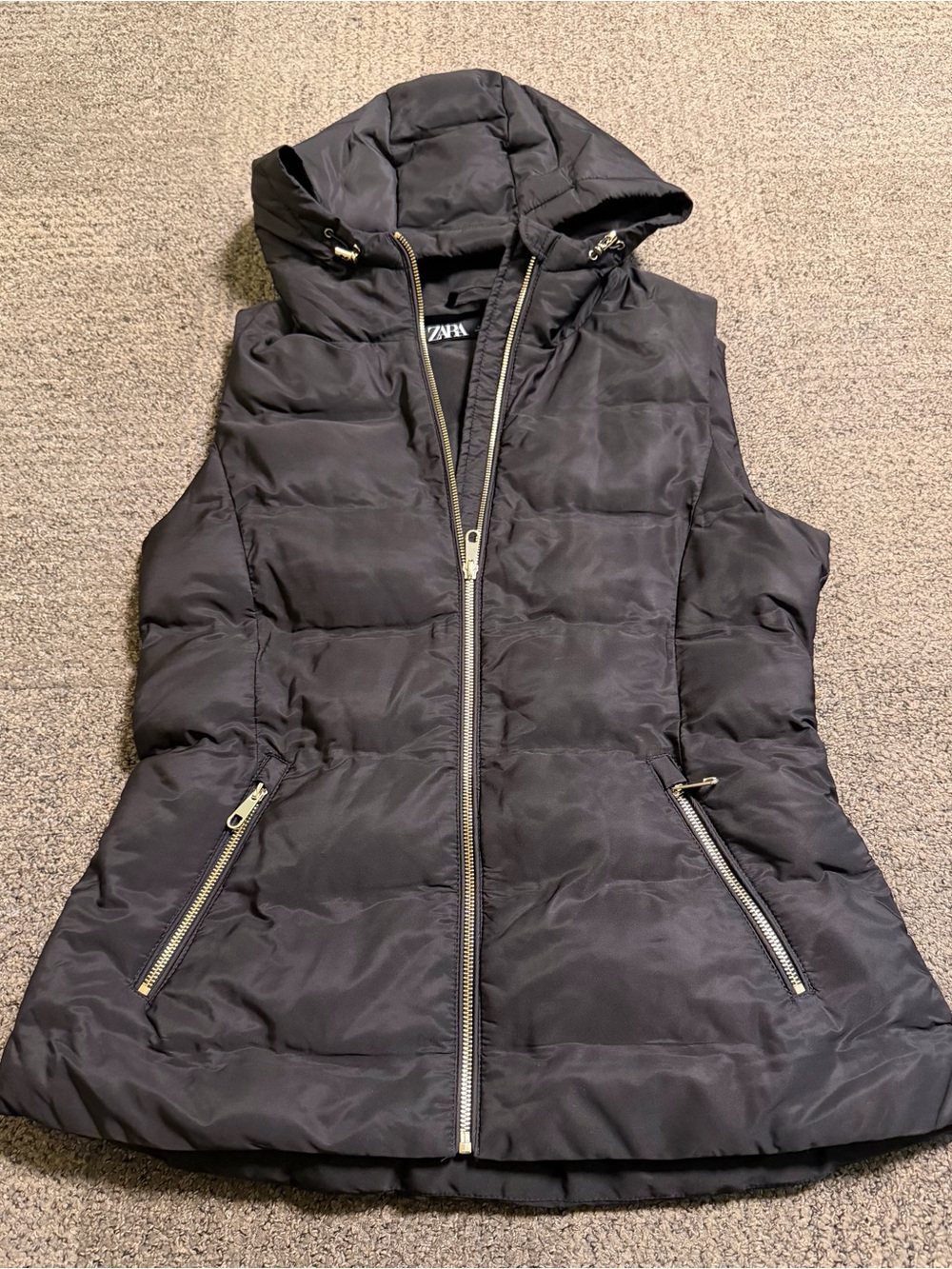 Zara Black Hooded Puffer Vest with Gold Zippers